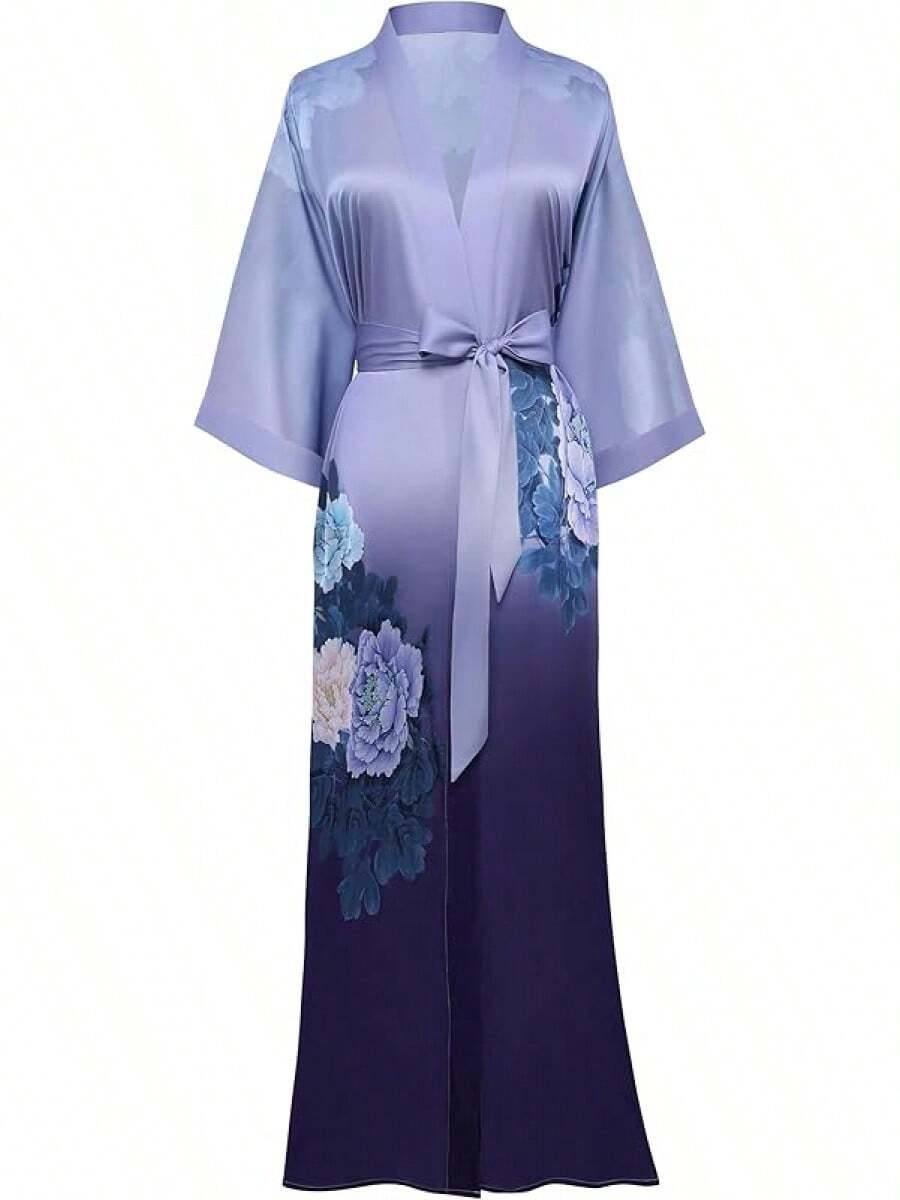 Long Satin Kimono Robe For Women - Silky Sleepwear Cover-Up - Gradient Color - Orchid - View 1