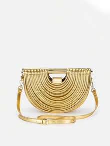 European & American Style Banquet Clutch, Ladies' Handheld Bag, Half-Circle Metallic Retro Ruffle Shell Shape Elegant Luxury Party Wedding Bride Handbag - Gold - View 3
