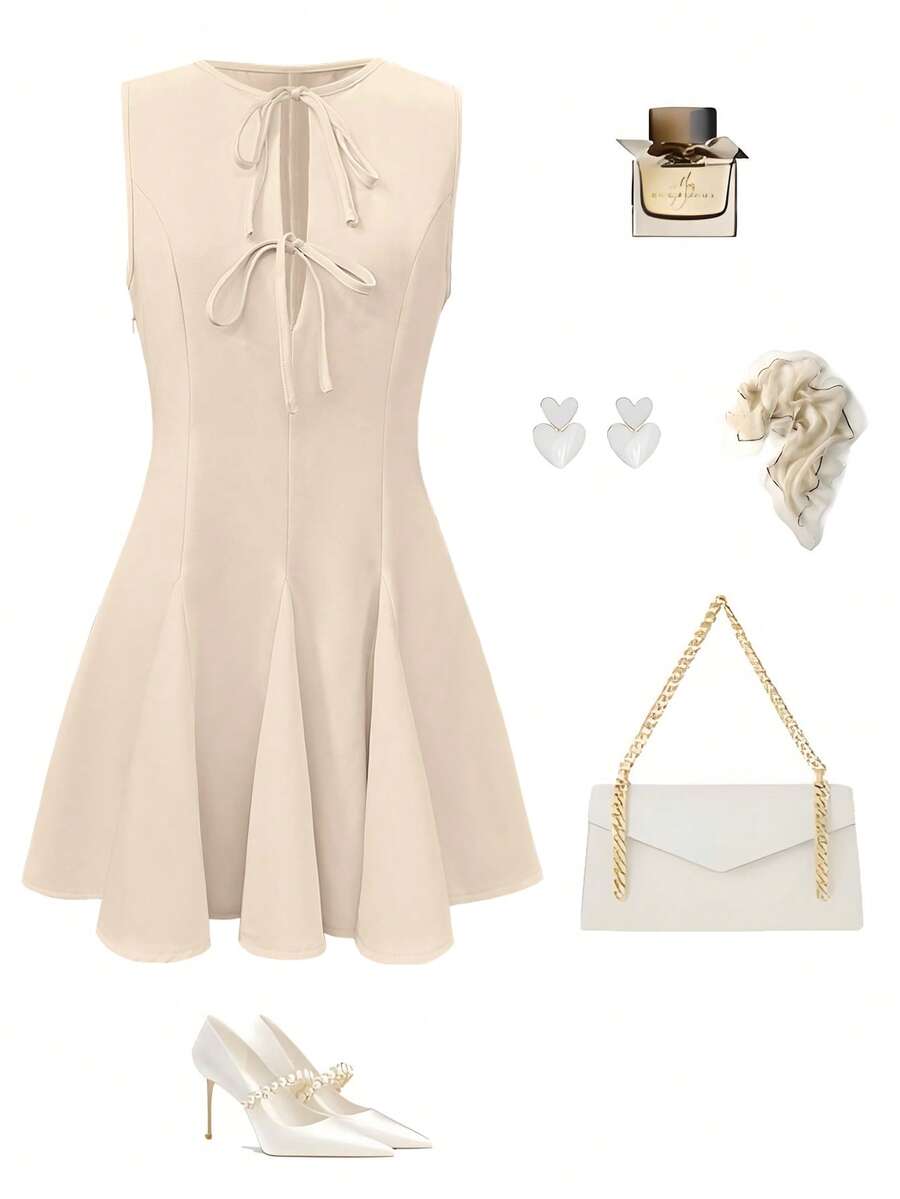 Abito mini elegante e romantico a tinta unita con spalle scoperte, abbigliamento da donna in stile occidentale, primavera/estate - Albicocca - Visualizzare 1