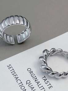 2 piezas Anillos geométricos a rayas vintage, anillos con textura de cuerno de buey retro elegante adecuados para uso diario de mujeres - Plateado - Ver 3