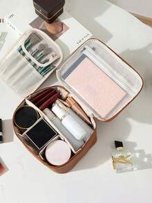 1 件 PU 化妆包，多功能大容量化妆包，带可移动隔板，适合女士，旅行整理器旅行必需品假期暑假返校学校用品包，适合学校的旅行包，女士化妆包，旅行 - 棕色 - 查看 5
