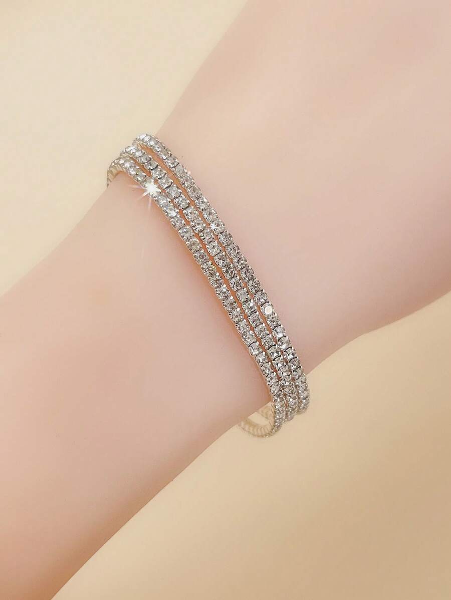 3 Sparkling White Diamond Ultra Fine Elastic Bracelets For Dinner Parties