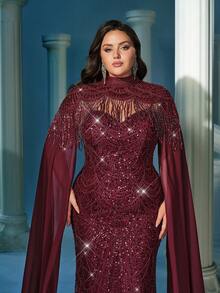 LUVISTRUE Plus Size Sequin Embellished Stand Collar Formal Dress Gown, Suitable For Formal Dinner (Highly Decorative) Wedding Spring - Burgundy - View 8
