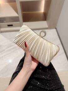 Women's Elegant Pleated Box Design Party Handbag, Luxury Rhinestone Clutch, Charming Formal Evening Bag Suitable For Date, Dance, Birthday, Party And Other Formal Occasions,Pleated Satin Design Box Shape Evening Clutch, Formal Banquet Handbag For Party, Formal Dress, Ball, Wedding