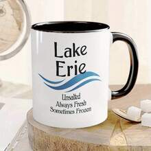 Funny Humorous Sarcastic 11oz Ceramic Coffee Mug - Yili Lake Cup - No Salt, Always Fresh, Sometimes Frozen - Ceramic Coffee Mug With Pink Handle And Blue Ripple Design - Perfect Gift For Lake Enthusiasts And Nature Lovers Ideal Birthday Gift For Women, Men, Friends, Colleagues - 黑色 - 查看 3