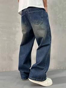 Jeans azules casuales de corte holgado y estilo retro para hombre - Azul lavado oscuro - Ver 2