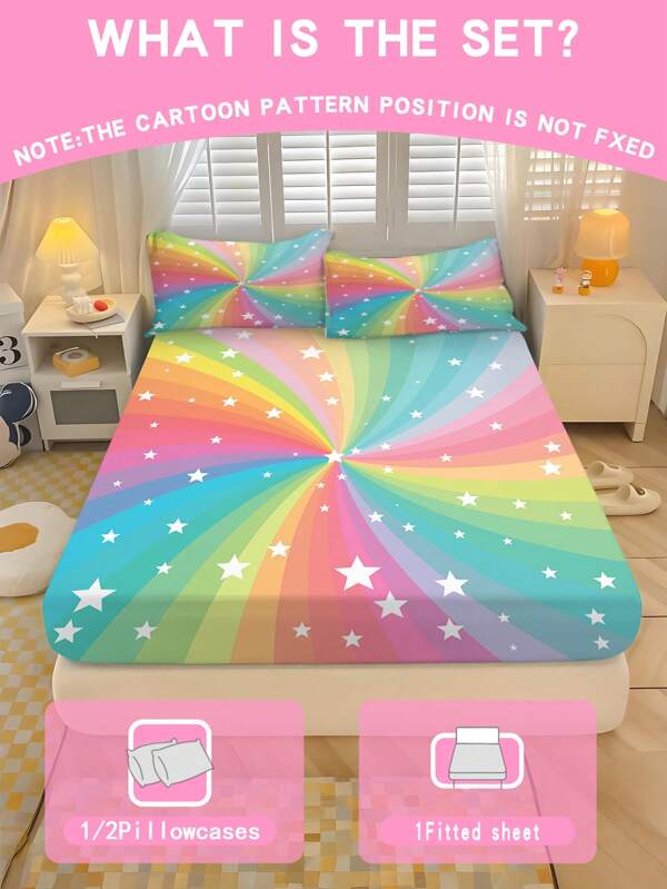 1/2/3PCS The Bedsheet And Pillowcase Feature A Colorful Rainbow Radial Pattern, Paired With White Stars Duvet Cover Fully Covered Mattress Protector Non-Slip Soft And Breathable Fabric Made Fits Twin Bed Twin Full King Queen Size Bed Machine Washable The Height Of 71 * 132CM Is 25CM