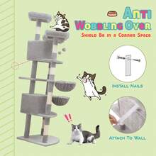 SHA CERLIN 73in Fan-Shaped Corner Cat Tower For Save Space, Multi-Level Tall Cat Tree For Indoor Kitties, Condo With Baskets, Cozy Perches, Sisal Scratching Posts, Pet Activity House, Grey - 灰色 - 查看 6