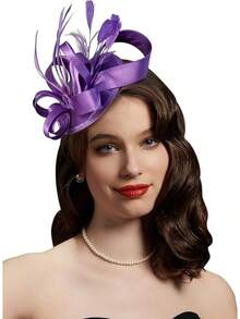 Derby Fascinators Women High Tea Party Hat Wedding Cocktail Flower Headware With Mesh And Feathers - Y-purple - View 1