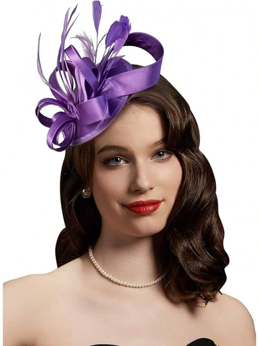 Derby Fascinators Women High Tea Party Hat Wedding Cocktail Flower Headware With Mesh And Feathers - Y-purple - View 1
