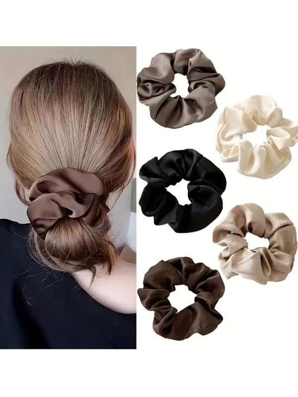 5pcs/Set Solid Satin Hair Scrunchies, Elegant Minimalist Black & Beige Women Ponytail Holders, Fashion Hair Accessories, Hair Elastics, Hair Rope ,Head Piece