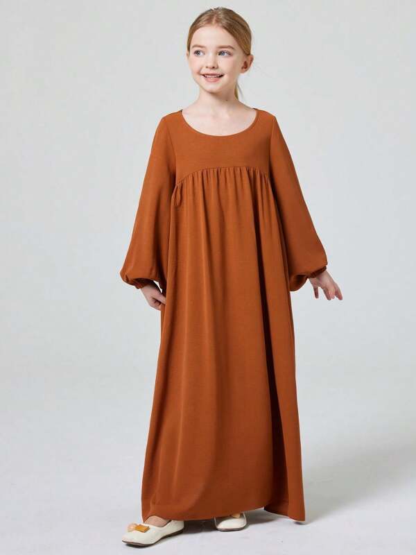 Vestido estilo abaya de unicolor con cuello redondo para niñas musulmanas de Medio Oriente