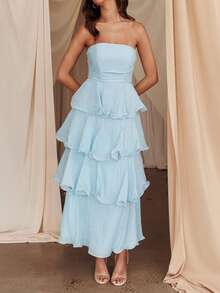 Ruffled Tube Top Long Dress For Women Summer Solid Color Backless Strapless Sleeveless Tiered Cake Dress - Màu xanh lam - Xem 3