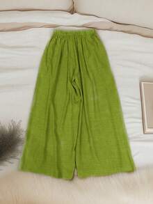 时尚纯色无袖圆领上衣和阔腿裤套装，宽松版型，聚酯纤维面料，橄榄绿，休闲简约风格，通勤百搭，适合所有季节，情人节礼物 - 橄欖綠 - 查看 5