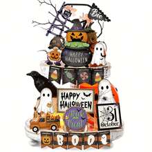 21 件/套万圣节分层托盘装饰套装，可爱的万圣节木制标牌，黑色和橙色托盘标牌，万圣节快乐木制标牌，怪异木块万圣节装饰品（不含托盘） - 彩色 - 查看 5