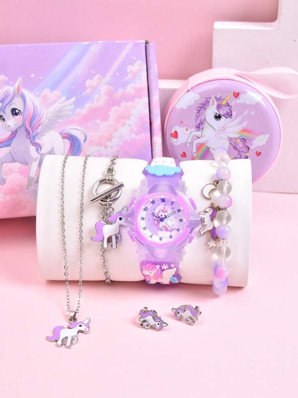 7pcs/Set Girls' Gift - 3D Silicone Strap Cartoon Moon Unicorn Pointer Watch, Children LED Luminous Quartz Wristwatch, Coin Purse, Necklace, Earrings, Bracelet Set