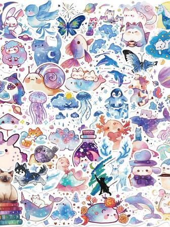 53 piezas de pegatinas de acuarela de la Noche Estrellada, pegatinas estéticas púrpuras con motivo estelar, recuerdos de fiesta con estrellas, pegatinas de vinilo impermeables