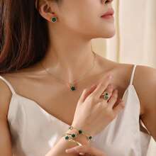 Glow & Grace Sparkling Lucky Flower 5-Leaf Clover Bracelet, Necklace, Earrings, Bracelet, Ring 5pcs Set, Women Jewelry Gift, Vacay Vibes