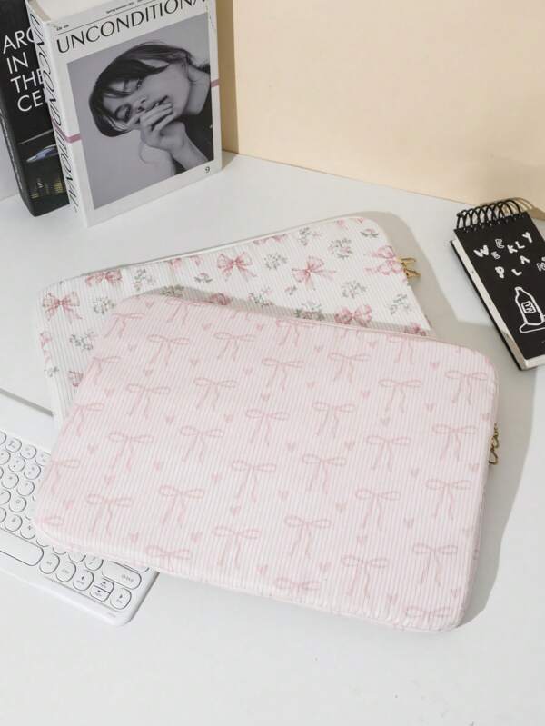 1pc Flower & Bow Design Portable Lightweight Handheld Laptop Bag, Tablet Computer Case With Inner Sleeve To Fit 11/13/15-Inch Laptops, Suitable As Back To School Gift, School Supply, Travel Essential, Birthday Gift, Valentine's Day Gift, Anniversary Gift, Teacher Gift, Teacher Supply, Versatile Essential For Fashionable Girls, Graduation Season Gift