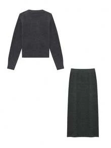 Ensemble cardigan tricoté élégant pour femmes, pull à manches longues de couleur unie et jupe mi-longue deux pièces, polyvalent pour le port casual en automne/hiver - Gris foncé - Voir 4