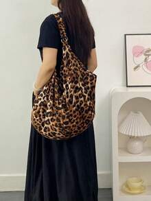 大容量豹纹单肩包，女士斜挎包，休闲多用途手提包，拉链开合，面料柔软，轻便可折叠，适合工作、学习、旅行 - 巧克力棕 - 查看 9