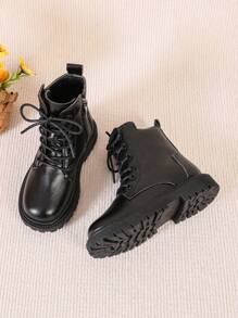 1 Pair Teens/Youth Boots, Solid Color Soft Patent PU Leather, Metal Zipper Inside, Lace-Up Front, Round Toe, Thick Sole, Non-Slip, Comfortable Mid-Calf Ankle Boots, Suitable For Male & Female Students, Casual, Travel, Holiday