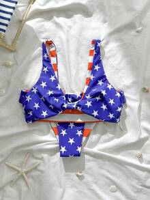 2pcs Women's Bikini Set For Beach, Bow Knot & Shell Printed Reversible Design, Wide Strap Twist Front Top And Mid-Waist Bottoms, Suitable For Swimming Pool Party And Beach Vacation, Summer