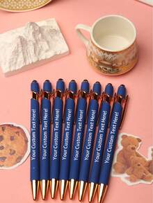 10pcs Blue Metal Ballpoint Pens With Black Ink, Personalize With Your Desired Text, 2-In-1 Design, Smooth Writing, Suitable For Office, Back To School, Study And Gift Giving - Blue - View 3