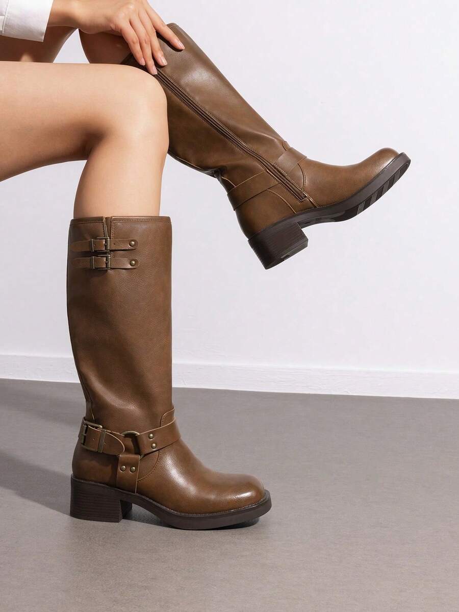 Omen's Knee-High Boots, Comfortable Chunky Block Heel Pointed Toe Pull On Side Zipper Suede Slouch Riding Boots
