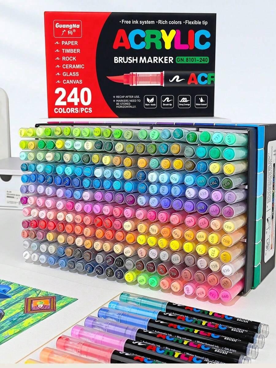 240/36/12pcs Multi-Color Direct Liquid Acrylic Marker Pens, Students Use Art Professional Drawing Drawing Color Soft-Head Marker Paper-Tight Stackable Diy Graffiti Coloring Book Coloring Pen Can Draw Glass Stone Waterproof Body Painting Brush Pen