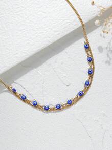 1 pezzo collana con ciondolo occhio turco placcata in oro 18K in acciaio inossidabile, con doppio strato, ciondolo portafortuna, adatta per uso casual e feste di vacanza delle donne
