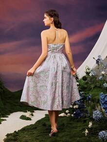 Faeriesty 无肩带中长款花卉刺绣连衣裙，采用编织提花面料 - 飘逸的 A 字裙，适合春夏季花园派对和婚礼宾客着装（柔和的薰衣草和薄荷色调，浪漫优雅）