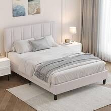 Upholstered Bed Frame With Headboard, Linen Fabric Platform Bed Frame With Tufted Headboard, No Box Spring Required, Easy Assembly, Pink/ White/ Black/ Blue, Twin/ Full/ Queen - 白色 - 查看 10