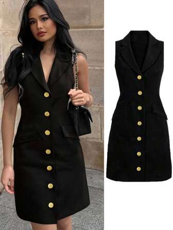 Women's Elegant Solid Color Woven Fabric Front Button Pleated Ruffle Collar Sleeveless Dress, Office Wear Early Autumn