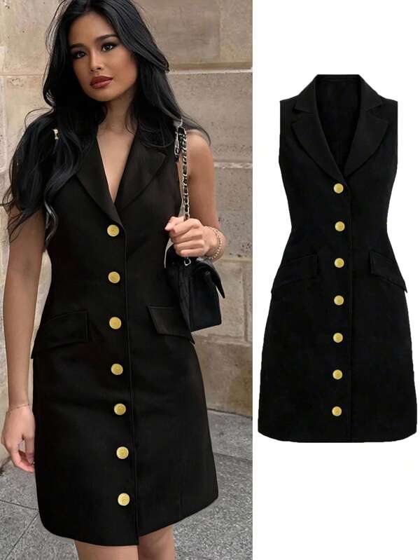 Elegante vestito da donna con tessuto intrecciato, collo con volant, chiusura con bottoni davanti, senza maniche, adatto per l'ufficio, per l'inizio dell'autunno