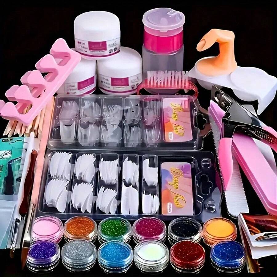 23 In 1 Acrylic Nail Kit For Beginners 12 Color Glitter Acrylic Powder White Clear Pink Acrylic Powder Nails Extension Professional Nails Kit Acrylic Set Manicure Tools Acrylic Supplies Gift For Women - Apricot - View 1
