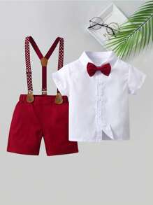 2pcs Baby Boys Gentleman Outfit - Red Suspender Pants And White Shirt With Bow Tie, Suitable For Holidays, Weddings, Parties, New Year Celebrations, And Everyday Wear