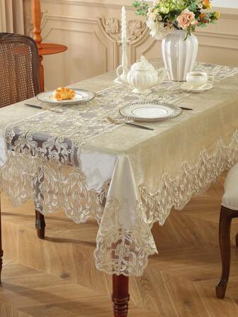 1 stuk fluwelen stof, elegant 3D goudkleurig geborduurd tafelkleed met kanten rand, geschikt voor keuken, eetkamer, vergadertafel, woondecoratie, festival, familiebijeenkomst, verjaardagsfeestje, bruiloftsdecoratie, rechthoekig of vierkant formaat, alle seizoenen