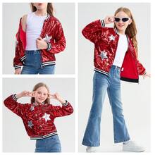 Lontakids Young Girl Sequin Jacket Long Sleeve Bomber Coats With Pockets Spring Fall Outfits For 4-11 Years - 紅色 - 查看 3