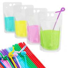 100 Pcs Drink Pouches For Adults, Hand-Held Reusable Clear Juice Pouches With Straws Funnel Smoothie Heavy Duty Drink Bags For - Multicolor - View 2