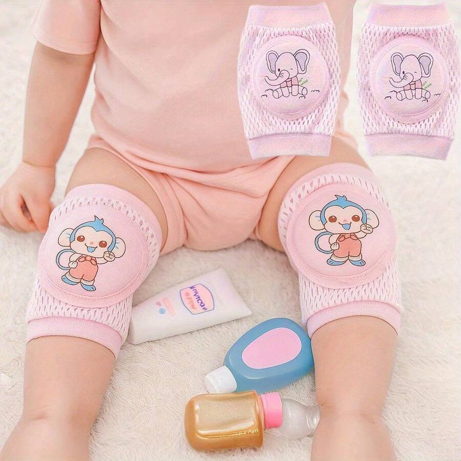 Two Pairs Of Cartoon Monkey/Elephant Baby Knee Pads, Mesh Breathable Baby Crawling Knee Pads, Mesh Knee Pads For Infants And Young Children To Learn To Walk And Crawl - Multicolor - View 1