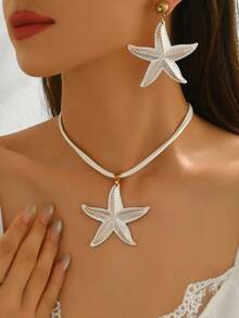 1 套 3 件波西米亚海滩海洋系列时尚百搭彩色海星耳环和项链套装，独特的白色海星吊坠项链和耳环套装，适合女性日常和节日穿着