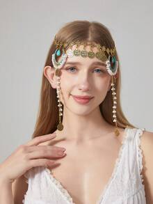 1 件波西米亚复洛克风格多层珍珠头链，新月硬币流苏水晶水钻吊坠头饰，时尚新娘发饰