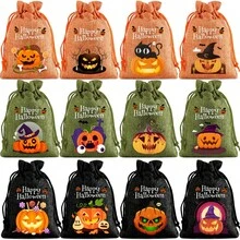 12pcs/Pack Halloween Burlap Print Gift Drawstring Pouches, Funny Pumpkin Pattern Gift Bags Suitable For Halloween Party, Halloween Decoration