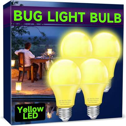 4/8 Pack Yellow LED Bug Light Bulbs, A19 Yellow Bug Light Bulb, 9W Equivalent 60W, Amber Yellow Bug Light Bulbs, E26 Base For Porch, Holiday Party Decoration, Non-Dimmable