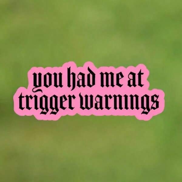 1 pieza Pegatina de vinilo impermeable extraíble de 3" para exteriores - "You Had Me At Trigger Warnings" Pegamento gótico rosa divertido para superficies lisas, portátil, tableta, funda de teléfono, libreta, casco, pared de dormitorio, botella de agua, Tr, refrigerador, caja de lápices, marco de espejo, maleta, monopatín, motocicleta, ventana de coche, parachoques, oficina / "Decalador gótico divertido"