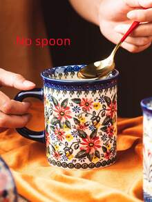 1 件手绘花卉陶瓷隔热咖啡杯，可重复使用的陶瓷饮具适合家庭使用 - 早餐杯、下午茶杯、办公室茶杯、水杯、咖啡杯、果汁杯、日常野餐、客厅、餐厅、厨房、办公室，适合斋月、开斋节礼物，适合儿童礼物、派对礼物 - 手彩4色杯 - 查看 5