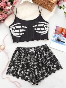 Skeleton Hand Print Cropped Camisole Top And Skeleton Print Shorts Pajama Set - Black - View 2