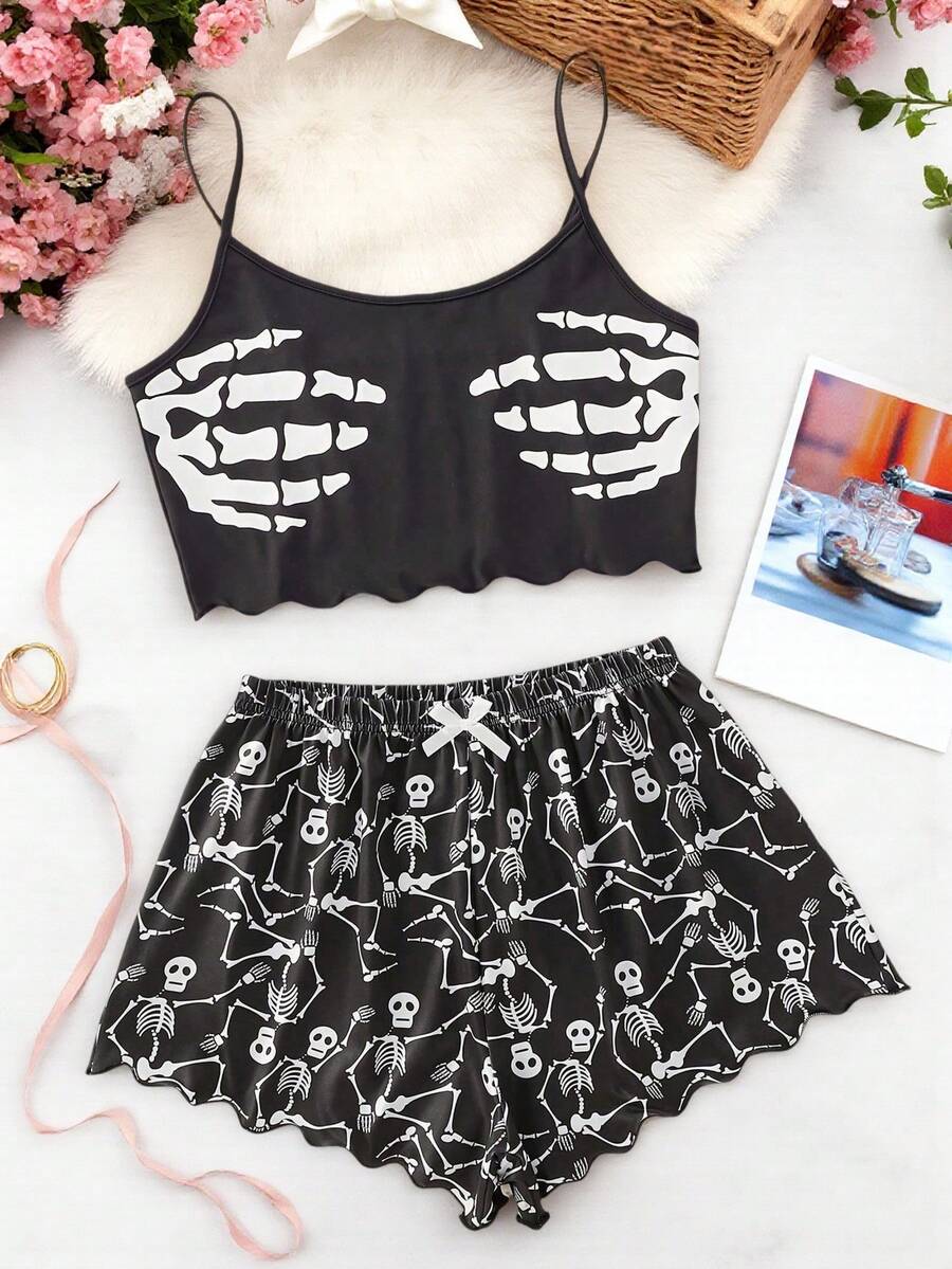 Skeleton Hand Print Cropped Camisole Top And Skeleton Print Shorts Pajama Set