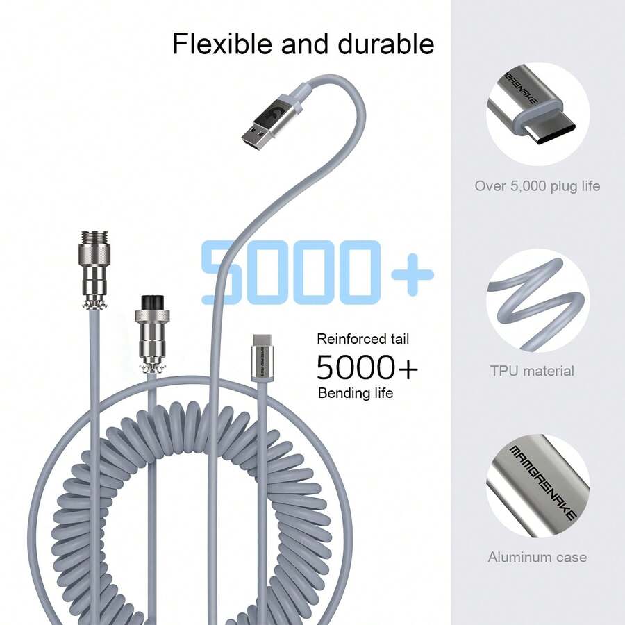 ATTACK SHARK * MAMBASNAKE C01 可定制卷绕 USB C 至 A 线缆，带可拆卸双套螺旋线缆、可伸缩弹簧线、金属飞机连接器、机械游戏键盘 C 型端口 - 彩色 - 查看 1